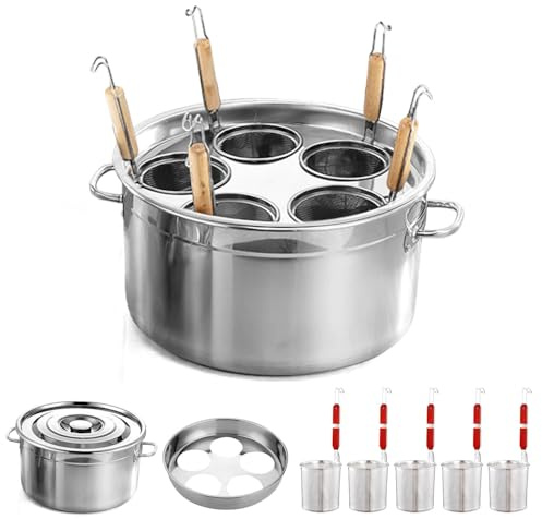 Kurflo Kommerzieller Nudeltopf, Edelstahl, für Ramen, Udon, Spaghetti & Fondue, geeignet für Gasherd & Induktion, inkl. Abtropfsieb und Aufhängehaken (mit 5 Siebeinsätzen)