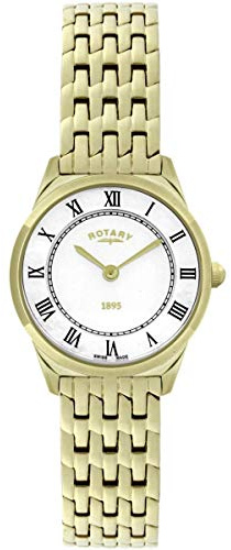 Ladies/Women's Gold Plated Ultra Slim Rotary Quartz/Battery Watch on Bracelet, with Mother of Pearl Dial & Roman Numerals. LB08002/01.