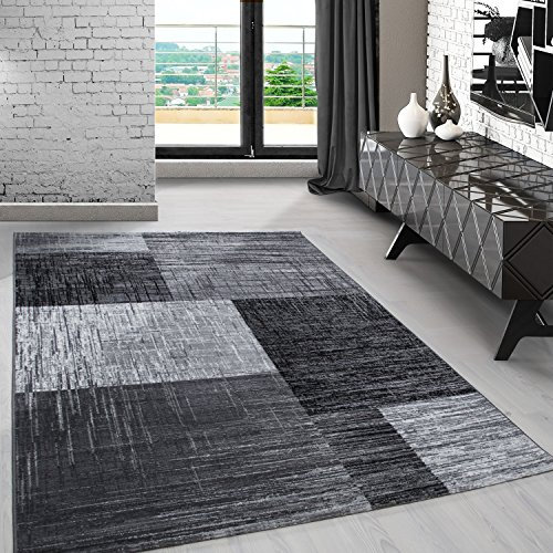 Carpetsale24 Teppich Wohnzimmer Abstrakt Kariert Design Schwarz Meliert 80 x 150 cm - Kurzflor Schlafzimmer Pflegeleicht Und Extra Weich - Für Küche Esszimmer Kinderzimmer Läufer Flur