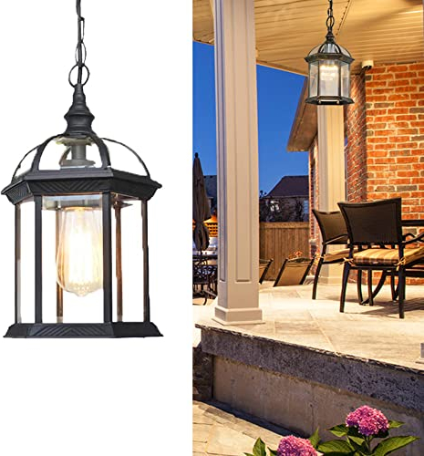 Outdoor Höhenverstellbar Pendellampe Retro Außen/Innen Hängeleuchte E27 Schwarz Wasserdichter IP23 Aluminium Glas Lampenschirm Pendelleuchte für Garten Flur Balkon Pavillon Villa Trauben Rahmen