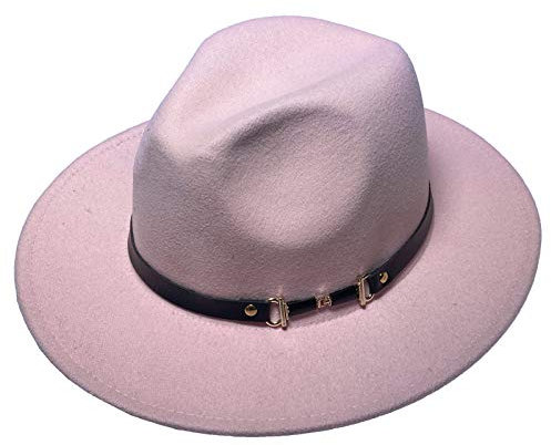 COMVIP Unisexe Fedora Cérémonie Large Bord Chapeau avec Ceinture Imitation Cuir Capeline Cosplay Rose