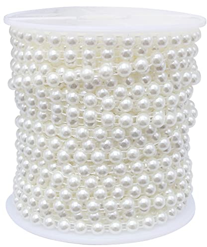 Hioph 27 Yards Pearl Beads String, 6mm Half Pearl Garland White Bead Chain Trim Strands Roll, Ideal for DIY Crafts, Wedding, Bouquet and Party Decoration