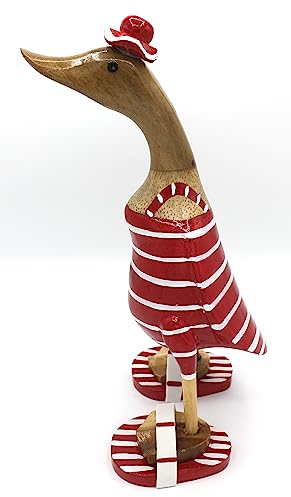 dekoundmeer Ente 33 cm aus Holz mit Badeanzug, Hut und Badelatschen in rot-Weiss