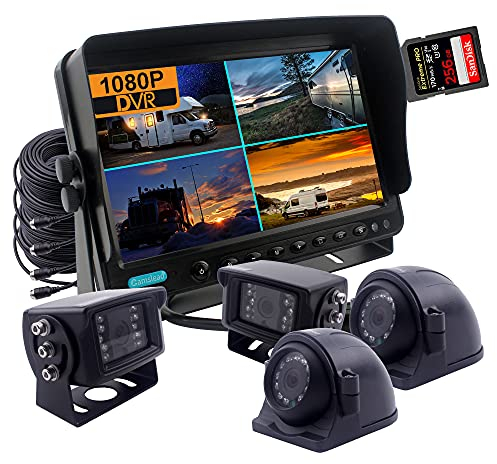 CAMSLEAD 9 Zoll Bildschirm 1080P Rückfahrkamerasystem, eingebauter DVR Recorder, Quad Split Bildschirm, Automonitor + 2X Rückfahrkameras + 2X Seitensicherung für Wohnmobilanhänger LKW Anhänger