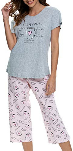 ENJOYNIGHT Pyjama court, pour femme, doté de deux pièces : haut à manches courtes et pantalon 3/4 long, de taille S à 3XL, Tasse en forme de cœur, S