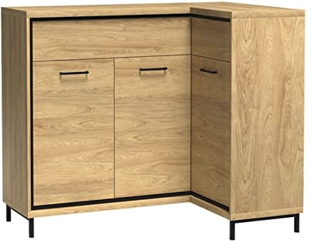 Mirjan24 Eckkommode Berspe BP15K, Kommode, Mehrzweckschrank, Anrichte für Diele und Flur, Esszimmerkommmode, Gedämpftem Schließsystem, Seite: Links (Hikora Natur + Metallfüße, ohne Beleuchtung)