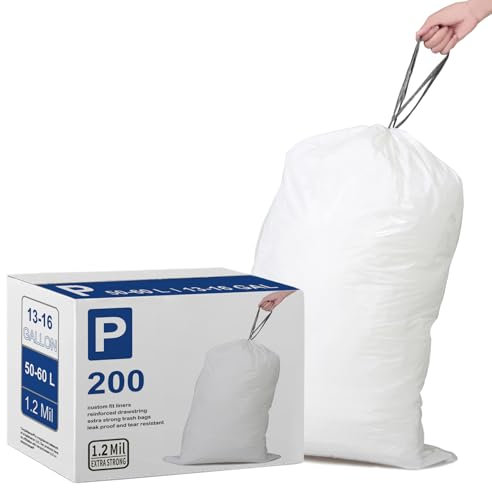 Code P (200 pièces) Sacs poubelle robustes de 30 à 50 litres d'épaisseur avec cordon de serrage renforcé, compatibles avec les sacs poubelle simplehuman Code P blancs, 50 à 60 litres, étanches et