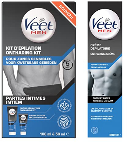 VEET MEN - Lot de 2 Crèmes Dépilatoires Homme Peaux Sensibles - Corps & Torse 200ml - Parties Intimes 100ml avec Baume soin 50ml