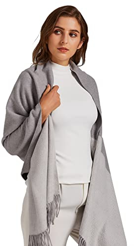 VaneriHome Damen Schal Wolle mit klassisches Karo Design und Quaste Winter dicke Deckenschal 70 x 190 cm, Grau Hellgrau