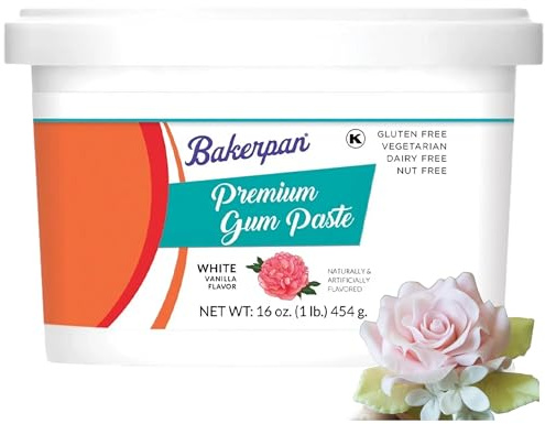 Bakerpan White Gum Paste for Cake Decorating, Create Flowers, Leaves, Elegant Ruffles - 1 Pound, Vanilla Flavor (Made in USA)