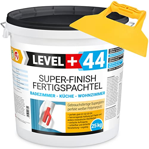 Super Finish Fertigspachtel Q1-Q4 Spachtelmasse 25kg Perfekt Glatt Weiß Innenbereich + Kunststoffspachtel ohne Zahnung Set RM44