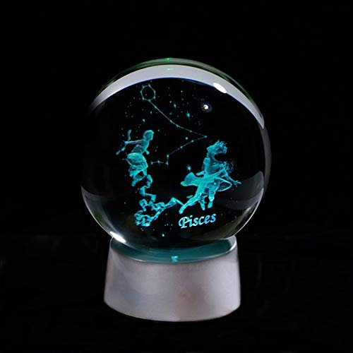 MEIGUI Piscis Crystal Ball Signos Zodiaco Globo de Cristal Decoración del hogar Accesorios Horóscopo Esfera Constelaciones Decoración Bola de Cristal (Color : with LED Base, Size : 6cm Ball)