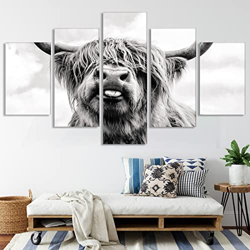 LXTOPN Highland Cow Leinwandbild 5 Teilig Wanddeko Highland Kuh Bilder,Landwirtschaft Ernte Landschaft Leinwand Wandbild,Moderne HD Druck leinwand Ölgemälde Dekor Poster Kein Rahmen. (Kuh, L)