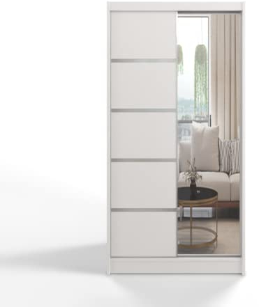 Easy Sofas and Wardrobes - Sliding Doors Wardrobe Diego III 100 cm Mirror - Bedroom Furniture with Clothes Rail - Storage - w/o LED - Color: White