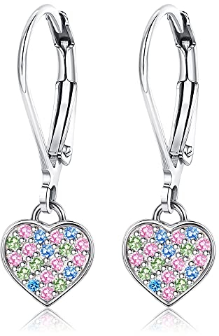 ORAZIO Herz Creolen Ohrringe für Mädchen Hypoallergen Baumelnder Reif mit 925 Sterling Silber Ohrringe mit 3 Mini-Herzen & Kristalle, kleine Ohrring mit Reifen für Kinder Schmuck Geburtstagsgeschenk