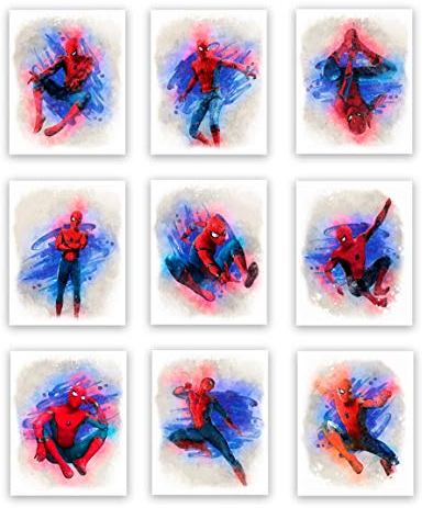 Spiderman-Superhelden-Aquarell-Kunstdrucke (ungerahmt), tolles Geschenk-Set mit 9 Stück (20,3 x 25,4 cm) | perfekt als Jungenzimmer-Dekoration