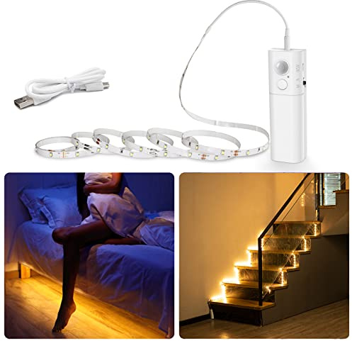 WOBANE Tira LED Sensor Movimiento, Tiras Luces LED Bateria Recargable | 2000mAh, sin Cable, Adhesiva, Magnética, Carga USB-C, para Armario, Cocina, Escaleras, Pasillo, Blanco Cálido 2700K, 2 metros