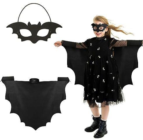 DKINY 78cm Cape Chauve-Souris Noire d'Enfants avec Masque Déguisement Halloween Costume Carnaval pour Garçons Fille 3 à 10 Ans Fête Costumée Cosplay Cadeau