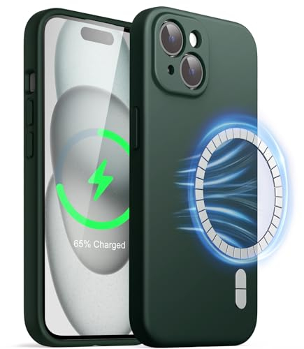 JETech Magnetic Silicone Case for iPhone 15 6.1-Inch, Compatible with MagSafe, Phone Cover with Camera Lens Full Protection (Midnight Green)