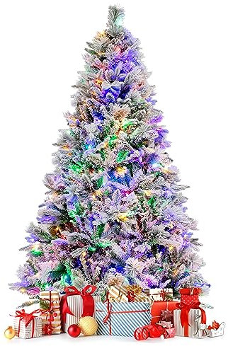 GYMAX 180 cm Albero di Natale Innevato Automatico, con 240 Luci Colorato a 8 Modalità, 850 Rami in PVC e PE, 34 Pigne, Folto e Realistico, Base Pieghevole in Metallo, Montaggio Facile