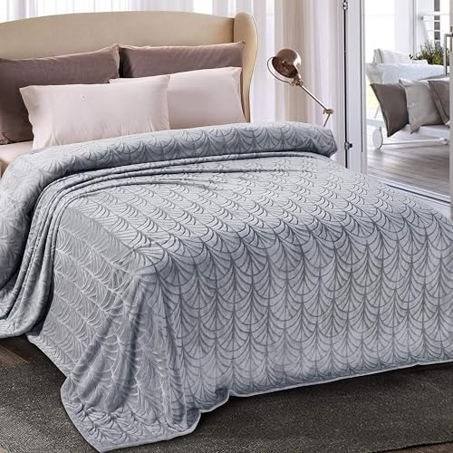 Whale Flotilla Kuscheldecke Decke mit Blätter Muster, Warme Tagesdecke Wohndecke -Superweiche und Kuschelige Flanell-Decke, 220x240 cm Grau