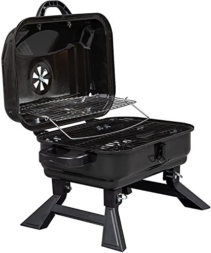 Griglie a carbone 2 pezzi Barbecue portatile e fornello per fumigazione con cappello, griglia da tavolo pieghevole da campeggio, cortile per cucina all'aperto, nero,