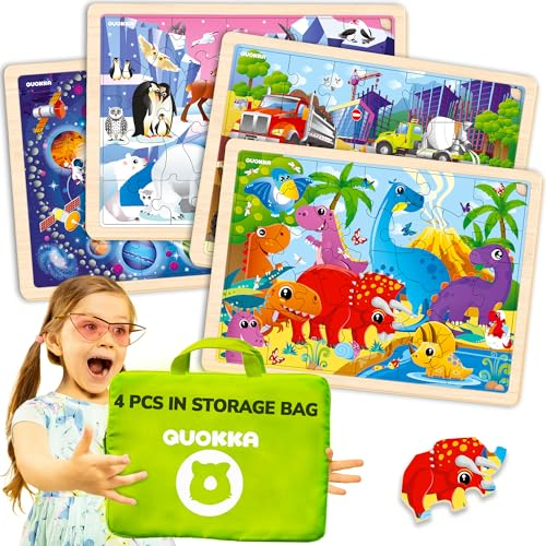 Quokka 4SET Puzzles for Kids Ages 4-6 - 36 Pcs Wooden Realistic Montessori Toddler Puzzles Ages 3-5 - Animals Dinosaurs Learning Games for Boys and Girls 4-8 Year Olds