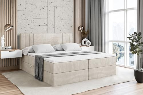ALTDECOR Boxspringbett mit Matratze und Lattenrost, Boxbett, Topper, Polsterbett mit Bettkasten, Bett mit Stauraum H3-Matratze, Doppelbett, Springboxbett - IDRIKO - 180x200 Beige Samt