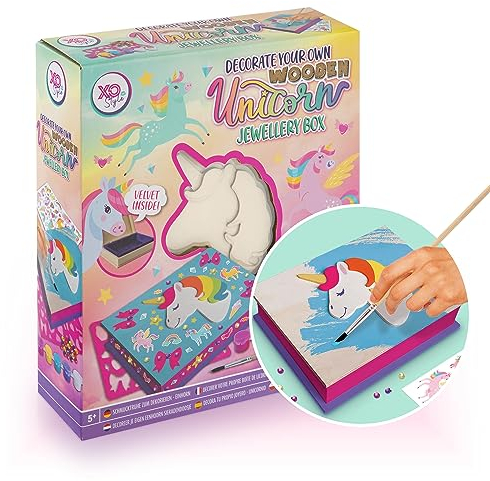 Grafix Decora Il Tuo Portagioie con Unicorno - Porta Gioielli in Legno Fai da Te - Attività Creativa per Bambine - Interno Velluto - Include Vernice, Pennello, Diamanti Adesivi, Adesivi e Stencil