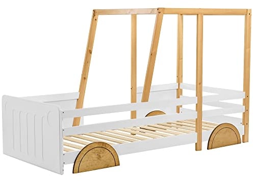 HAINEW Kinderbett 90x200cm Autobett mit Rausfallschutz, Jeep-Bett Holzbett mit MDF-Rädern und Lattenrost aus Kiefer, Weiß + Natur