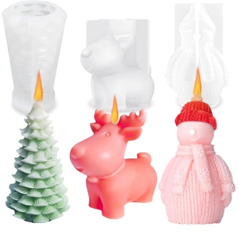 Golgner Lot de 3 moules à bougies 3D pour sapin de Noël, bonhomme de neige, élan, moule en silicone 3D pour arrosage de bougies, arôme plâtre