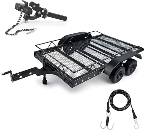AMK RC Trailer, 1/10 Scale Trailer, Metal 1/10 RC Trailer with RC Trailer Hook Coupler and 1/10 RC Kinetic Winch Strap for 1/10 RC Crawler SCX10 TRX6 Redcat GEN8 TRX4 Upgrades