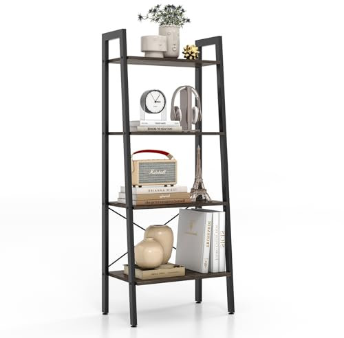 HOMASIS Estante de pie de 4 niveles, estante de escalera con almohadillas de pie ajustables, estantería de metal con dispositivo antivuelco, para salón, dormitorio (Roble Gris)