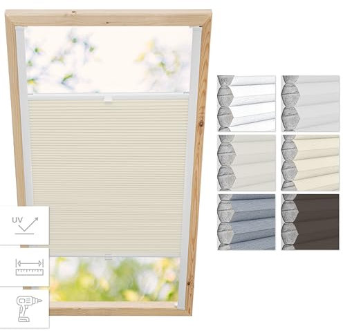 Estika Dachfenster Wabenplissee mit Bohren für Fakro Fenster - Modell: 55/78 - Stofffarbe: Waben Beige-Weiß - Dachfenster Rollo, Fensterrollo innen, Fenster plissee