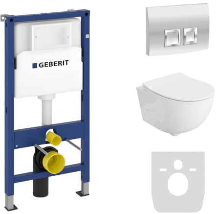 Lavita Duofix Basic Vorwandelement + Wand Tiefspül WC Brava Weiß Spülrandlos + WC Sitz + Bedienplatte Delta 25 Verchromt Knopf Komplettset Unterputz Spülkasten Toilette Komplett Sett WC