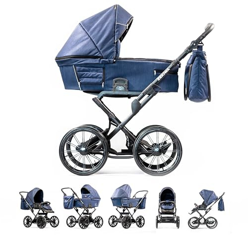 ZEKIWA Kinderwagen 3 in 1 [inkl. SPORTWAGENAUFSATZ] Kinderwagen große Wanne, Riemenfederung, 14 Zoll Räder, Baby Buggy Kinderwagen alle Untergründe Kinderwagen Zubehör Touring Galant I Farbe Jeansblau