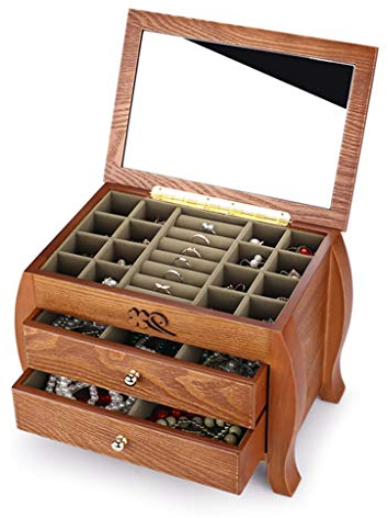 Schmuckständerhalter aus Holz, Schmuck-Organizer, Aufbewahrungsbox – 3-lagige Aufbewahrungsbox, Schmuckhalter mit Spiegel
