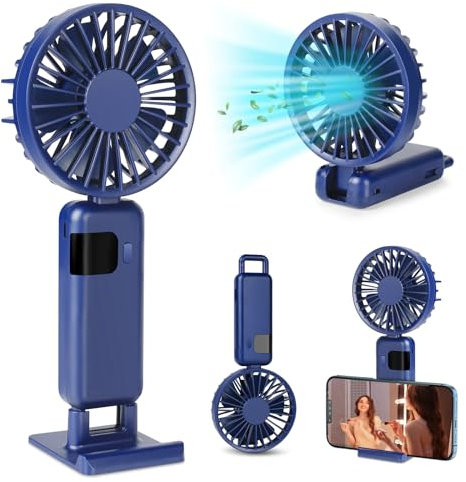 Ventilador Portátil de Pie Plegable Mini Ventilador de Mano USB Batería Recargable Silencioso Potente Pequeño Colgante Ventiladores de Mesa 5 Velocidades LED Viento Fuerte Hand Fan (Azul)