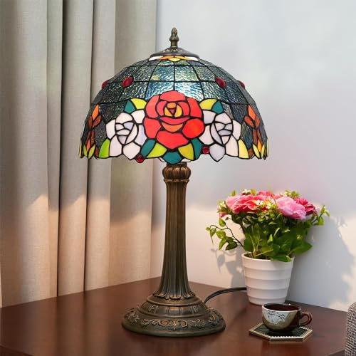 Hobaca 12 Zoll Tiffany Tulpe Blume Buntglas Tischlampe Vintage Landhaus Schreibtischlampe Antik Nachttischlampe Nostalgie Art Deco Schlafzimmer Wohnzimmer (12 Zoll BlackRose)