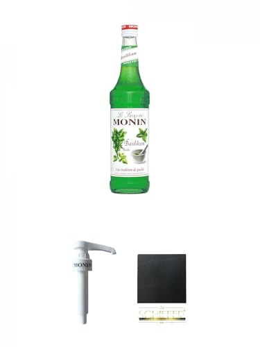 Monin Basilikum 1,0 Liter + Monin Dosier Pumpe für 1,0 Literflasche + Schiefer Glasuntersetzer eckig ca. 9,5 cm Durchmesser