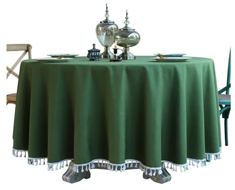 Epinki Tischtücher Rund, Dunkelgrün Tischwäsche Einfarbig mit Quaste Baumwolle Leinen, Runde Tischdecke Hochzeit Tischbedeckung für Küche Esstisch Dekoration für Esszimmer, Garten, Party, 280CM