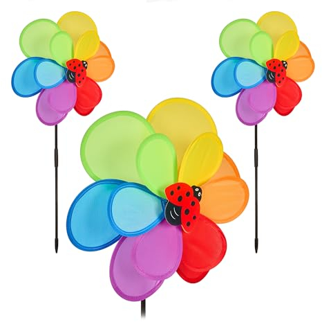 Relaxdays Windrad Garten, 3er Set, Doppelwindrad mit Erdspieß, HBT 69 x 32,5 x 11,5 cm, mit Marienkäfer, Windspiel, bunt