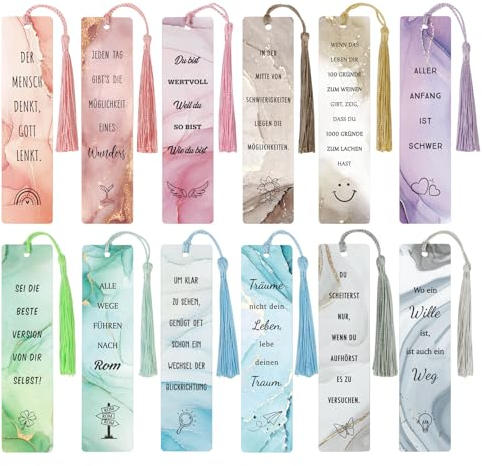 BETESSIN 12x Ästhetische Lesezeichen Papier - Motivations Lesezeichen mit Inspirierenden Sprüchen und Marmorierung Mustern - Kleine Geschenke für Schüler, Lehrer, Buchliebhaber usw.