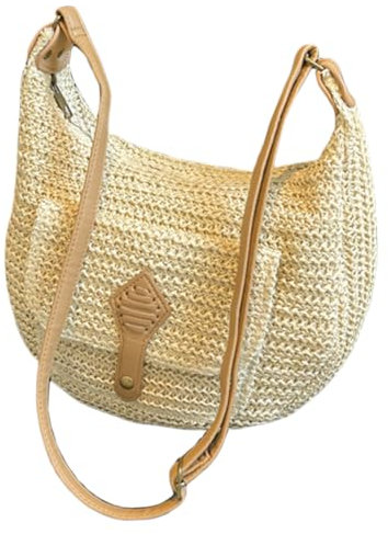 LYEAA Sac à bandoulière tissé en paille pour femme avec sangle réglable, sac à main d'été, sac besace à fermeture éclair pour voyage, shopping, beige, 14.96x0.39x13.78inch