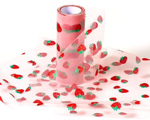 Erdbeer-Tüll-Rollen, hübsches Erdbeer-Tüllband, dekoratives Erdbeer-Tüllstoff für Bastelarbeiten, Babyparty, Geburtstag, Party, Dekoration, 1,8 x 9,1 m (Dunkelrosa)