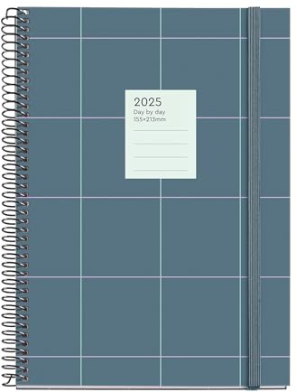 Miquelrius - Kalender 2025, Jahresplaner, 155 x 213 mm, Tagesansicht, Einband aus laminiertem Karton, Spiralbindung, Gummibandverschluss, Papier 80 g/m², Katalanisch, Englisch und Portugiesisch,