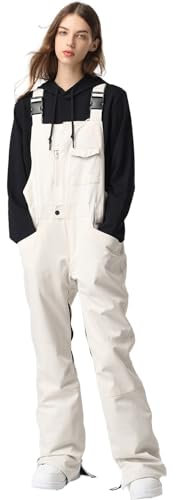 HOUZONIY Pantaloni da sci da donna, bavaglino da neve, impermeabili, antivento, isolati, resistenti all'usura, salopette, escursionismo, arrampicata, K03-bianco, M