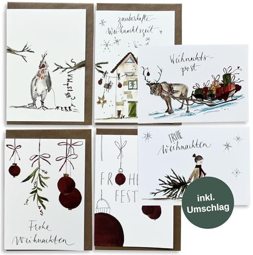 Weihnachtskarten Set | 4 Klappkarten DIN A6 mit braunem Umschlag | 2 Postkarten DIN A6 | zauberhafte handgemalte Motive | Aquarellkarten mit Handletterin
