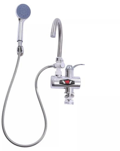3000 W calentador de agua eléctrico grifo con ducha agua caliente, manguera flexible, grifo de agua caliente, calentador de agua, para cocina, jardín, baño, caravana, camping, hogar, plata