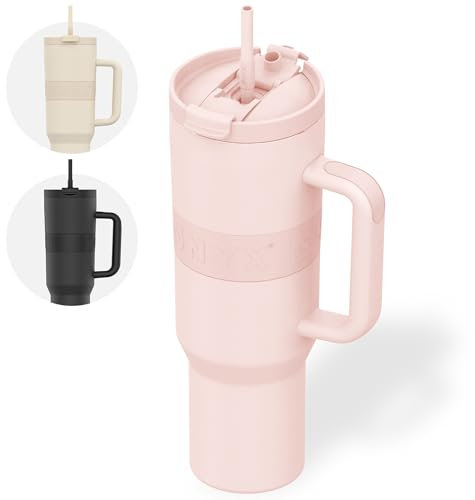 ONYX Trinkflasche mit Strohhalm - 1,2L Thermoskanne auslaufsicher, idealer Kaffeebecher to go, für heiße & kalte Getränke, Thermobecher BPA-frei, Edelstahl Isolierbecher mit Henkel, Rosa